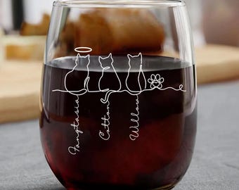 Line Art Style Cat Lover-Personalized Wine Glass Gift for Cat Mom/Dad,Cat Keepsake Wine Glass,Pet Memorial with Names,Gift for Dog,Cat Lover