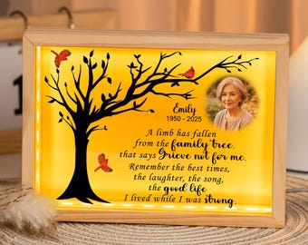 A Limb Has Fallen From The Family Tree- Personalized Memorial Frame Light Box with Poem, Sympathy Gift with Fairy Lights, Cardinal Memorial