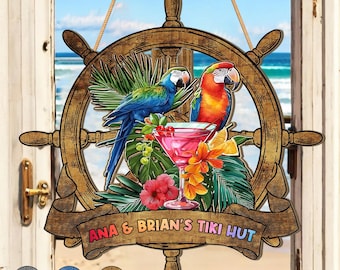 Family Tiki Hut - Placa de madeira personalizada para bar Tiki familiar, placa esculpida em madeira, bar em casa, decoração Tiki, placa de madeira personalizada, bar Tiki, lounge Tiki