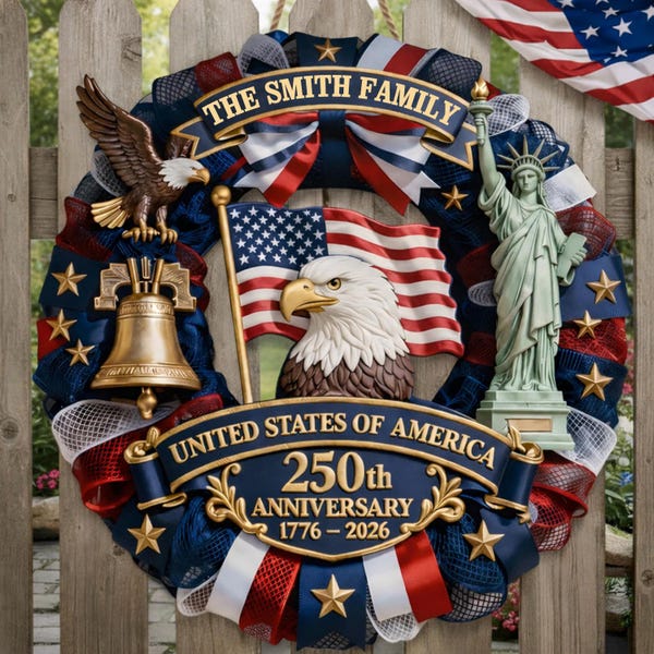 Personalized America 250th Anniversary Wood Wreath 1776-2026 Patriotic Door Sign Semiquincentennial Family Name Decor