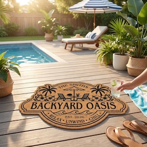 Welcome To Our Happy Place - Custom Poolside Paradise Welcome Mat,Family Name Pool Decor,Custom Floor Mat,Vacation Home Decor,Oasis Pool Mat