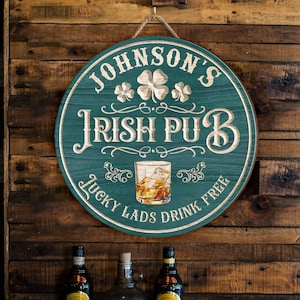 Lucky Lads Drink Free Irish Pub - Placa de madeira personalizada, decoração do dia de São Patrício, Irish Pub One Hundred Thousand Welcomes