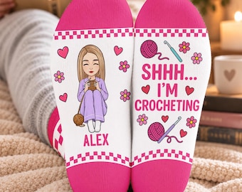 Shhh I'm Crocheting - Personalized Yarn Crew Socks, Custom Name Crochet Lover Socks, Cozy Crafting Gift, Birthday Gift for Crocheter