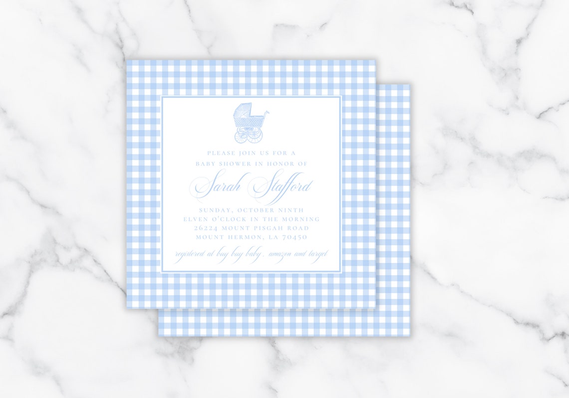 Blue Gingham Baby Shower Invitation Blue Gingham Invitation Etsy