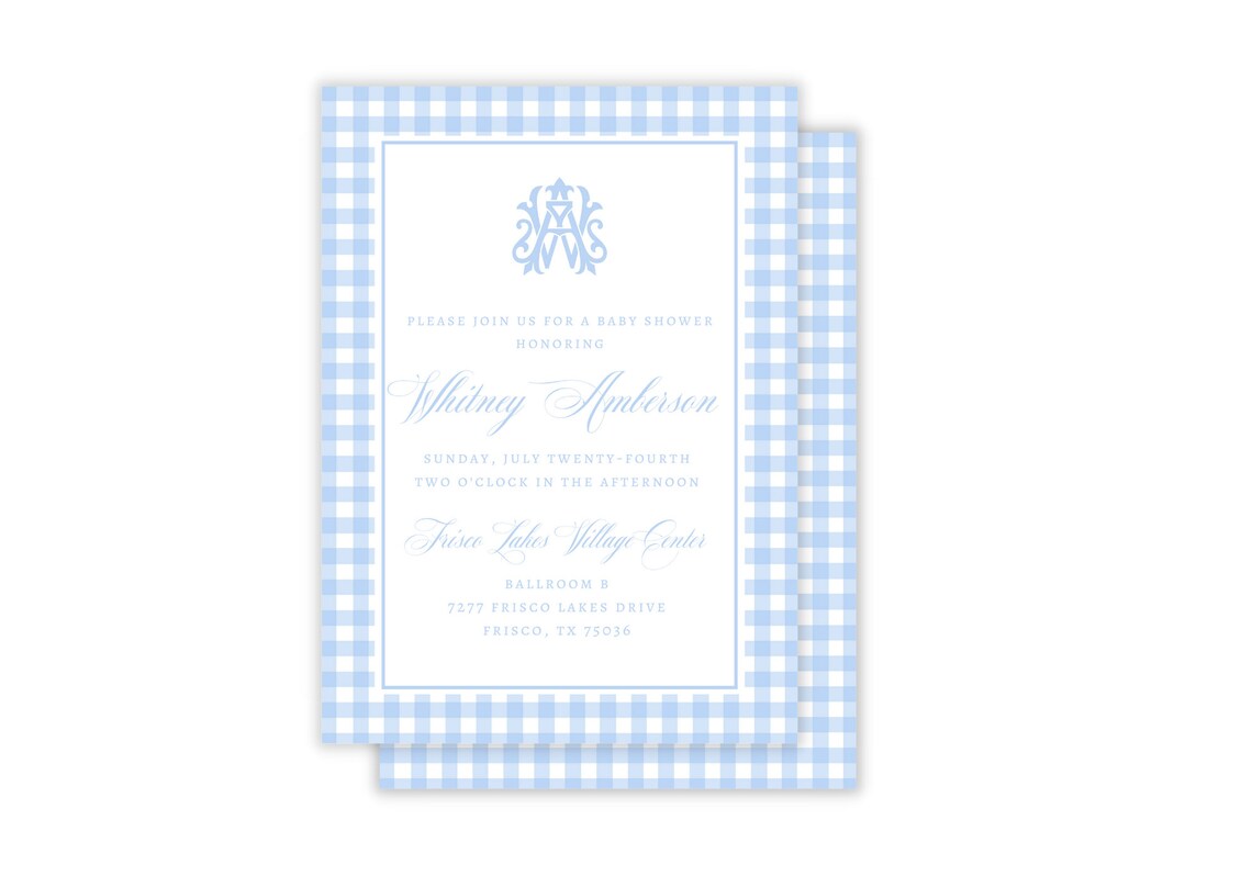 Blue Gingham Baby Shower Invitation Blue Gingham Invitation Etsy