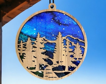 Bergen en rivier Suncatcher SVG, ronde rivier en berg ornament gesneden bestand, auto charme, Wanderlust, avontuur decor