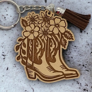Bottes de cow-girl gravées et fleurs porte-clé SVG pour laser, bottes de cow-boy coupe fichier, ornement Western, breloque voiture, porte-clé Western
