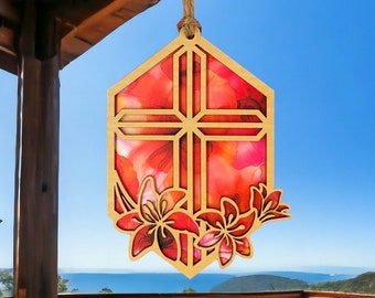 Cross Suncatcher SVG, Cross with Lilies Ornament Cut File, Floral Ornament Pattern, Car Charm, Flower Bag Tag, Wall Art