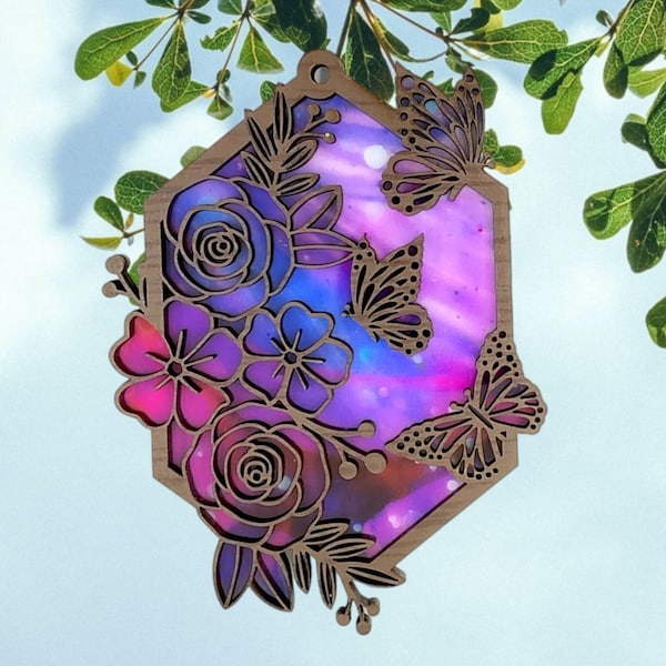 Butterfly and Flowers Suncatcher SVG for Laser, Hexagon Sun Catcher, Roses Laser Cut File, Car Charm, Hanging Ornament, Wall Art, Glowforge