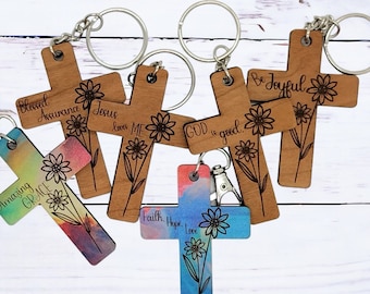 Gravierte christliche Schlüsselbund Schnittdatei, Inspirierende Kreuz Schlüsselbund SVG Bundle für Laser, Kreuz mit Hymnen, religiösen Zitaten und Phrasen