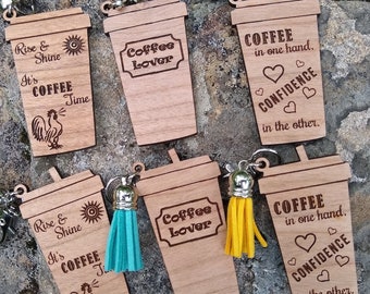 Coffee Keychain SVG, Engraved Key Chain SVG file for Glowforge, Funny Keychain Digital File Bundle, Women Bag Tag, Laser File Template