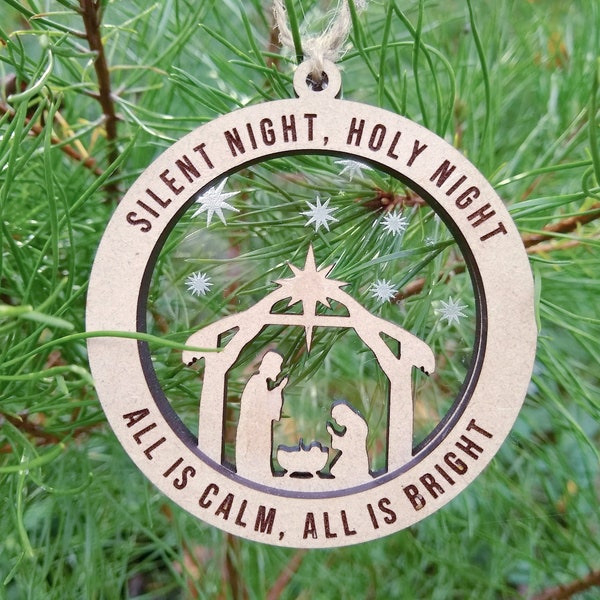Silent Night Holy Night Christmas Ornament SVG for Glowforge, Nativity Layered SVG for Laser, Christmas Laser Cut File, Christian, Religious