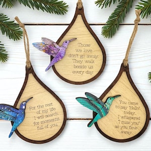 Teardrop Hummingbird Ornament with 3 Sentiments, Laser Cut File, Memory Ornament SVG for Laser, Remembrance Ornament with 3 phrases