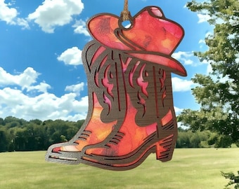 Cowboy Boots and Hat Suncatcher SVG for Laser, Cowgirl Hat and Boots Cut File, Car Charm, Hanging Ornament, Western Wall Art