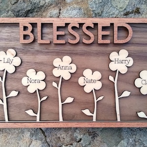 Sinal do Dia das Mães SVG, 8 opções de moldura, 1-12 nomes, sinal de jardim de flores personalizado SVG para Glowforge Laser, sinal de netos SVG