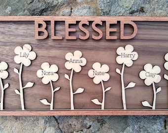 Segno della festa della mamma SVG, 8 opzioni cornice, 1-12 nomi, segno del giardino fiorito personalizzato SVG per Glowforge Laser, segno dei nipoti SVG