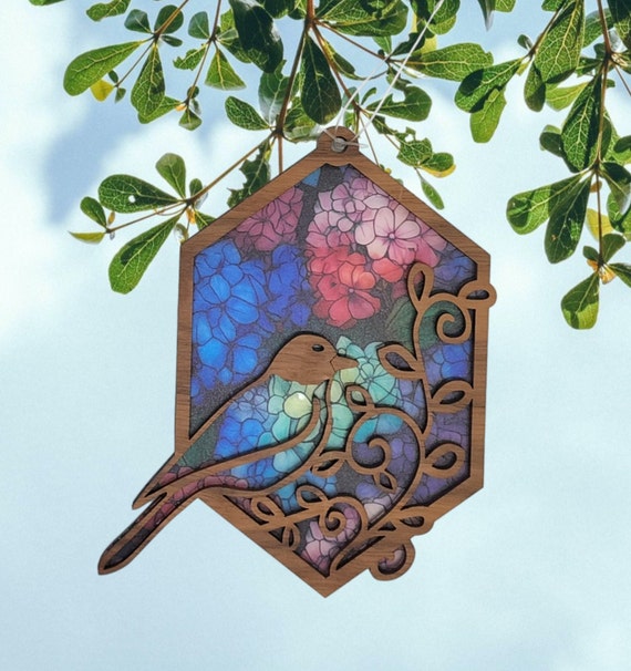 Bird Suncatcher SVG for Laser, Bird SVG, Glowforge Cut File, Car Charm, Hanging Ornament, Wall Art Laser Cut File, Flower Template