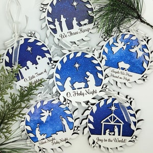 Nativity Ornament SVG Bundle with 6 Designs, Christian Hymns, Christmas Ornament SVG Bundle, Wreath Ornament, Religious Laser Cut File