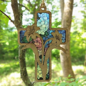 Cross Suncatcher SVG with Lilies, Christian Ornament SVG for Glowforge, Floral Ornament Cut File, Cross Car Charm, Lily Bag Tag, Wall Art