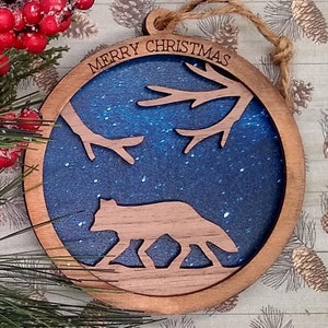 Ornement de Noël renard SVG, modèle de fichier découpé au laser 1, 2 ou 3 couches des bois, peut être personnalisé, décoration de cabine, vacances à la montagne