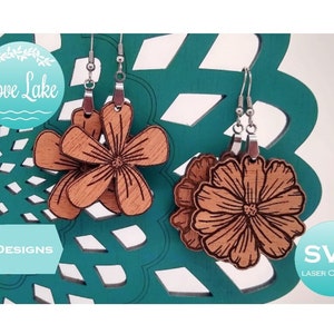 Conjunto de 2 pendientes colgantes de flores SVG, archivo digital de joyería de corte láser Boho grabado, plantilla de pendientes de madera, pendientes de primavera y verano