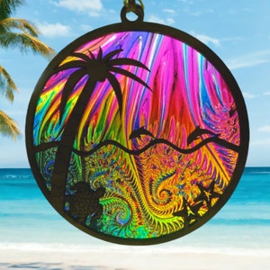 Strand mit Delfinen Suncatcher SVG, Strand Ornament SVG für Glowforge, Sea Life Ornament Cut File, Autoanhänger, Strand Wandkunst SVG