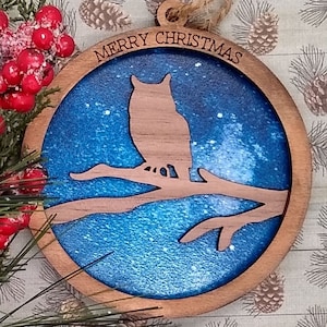 Eule Weihnachtsverzierung SVG, Woodland 1, 2 oder 3 Layer Laser geschnittene Datei Vorlage, kann personalisiert werden, Hütte Dekor, Berg Urlaub