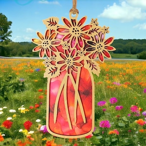 Pot avec fleurs Suncatcher SVG pour laser, fichier de coupe tournesols pour Glowforge, breloque florale pour voiture, modèle Suncatcher de ferme