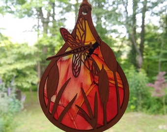 Dragonfly and Cattails Suncatcher SVG for Glowforge Laser, Teardrop Cut File, Car Charm, Hanging Ornament, Wall Art Laser Cut File