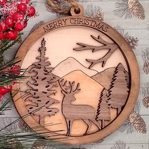 Deer Christmas Ornament SVG for Glowforge Laser, Woodland Multi-Layer Cut File Template, Can be Personalized, Farmhouse, Mountain Scene