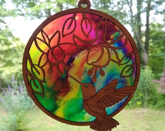 Colibrì e acchiappasole fucsia SVG per Glowforge Laser, file di taglio laser per ornamenti di uccelli appesi, file di taglio laser per arte murale floreale