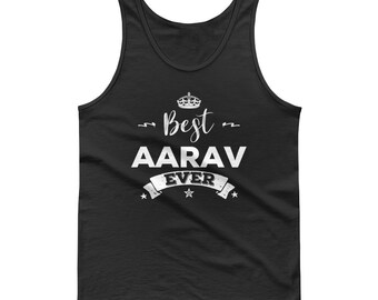May include: Black tank top with the text "Best Aarav Ever" in white script and block letters. A crown graphic is above the word "Best", and a banner with stars is below "Aarav Ever".