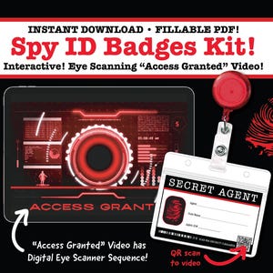 Könnte beinhalten: Digitales Spionage-ID-Badge-Kit in Rot und Schwarz. Das Kit enthält eine digitale Augenscanner-Sequenz, einen Secret Agent-Ausweis und einen QR-Code für den Videozugriff. Der Text lautet "Spy ID Badges Kit!"