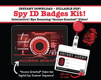 Kit de Distintivos para Festa de Espiões – Escaneie o QR Code para acessar o vídeo do scanner de olhos! Crachás de Agente Secreto para impressão. PDF editável. 3 cores: Vermelho, Rosa, Azul-petróleo.