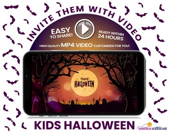 Kids Halloween Party Invitation. Video Invite with Cute Ghost, Bats, Pumpkins, Witches Cauldron & Candy! Spooky Digital Phone Invite / Evite