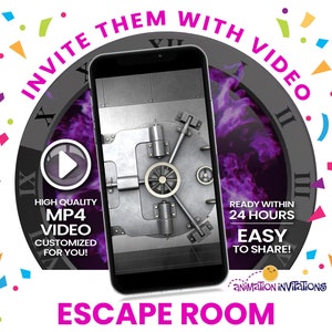 Purple Escape Room Video Invitation | 3D Animated Vault + Ticking Clock | MP4 Bank Heist or Mystery Birthday Party Invite for girls or boys