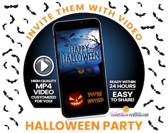 Halloween Video Invitation. Spooky Digital Invite for Adult, Family, Teen or Kids Halloween Party! Haunted Graveyard, Moon, Bats, Pumpkin