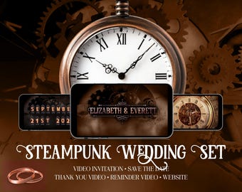 Vintage Steampunk Wedding Invitation Video Suite. Custom Wedding Website + 4 Themed Videos: Save the Date, Invitation, Reminder, Thank You