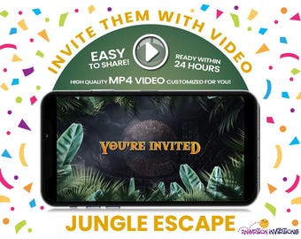 Convite em vídeo para festa de Escape Room na Selva. Convite para festa de aniversário na selva. Aventura no zoológico ou com animais selvagens. Macacos, leopardos, panteras, elefantes.