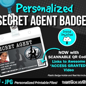 Interactive Spy Badges | Secret Agent Party ID Badges | Spy Party Favor | Spy Birthday Party Badges | Photo Badges with Access Granted Video