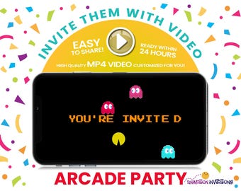 Convite em vídeo de aniversário estilo fliperama. Festa com videogame retrô dos anos 80. Convite digital em MP4. Festa com jogos de fliperama vintage. Casamento, formatura e aposentadoria.