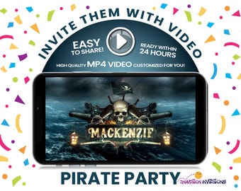 Convite em vídeo PREMIUM para Festa Pirata. Convite de aniversário cinematográfico com tema de Escape Room ou Pirata para crianças, adolescentes ou adultos. MP4 digital animado