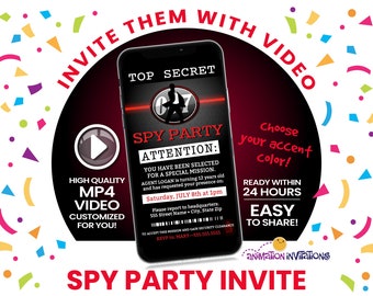 Spy Birthday Video Invitation | Secret Agent Birthday Invitation | Spy Party Invitation | Digital Invitation | Secret Agent Party RED