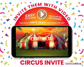 Convite em vídeo para aniversário de circo – Show de palhaços animados e holofotes | MP4 digital personalizado para festa de aniversário infantil | Tema de circo ou carnaval!