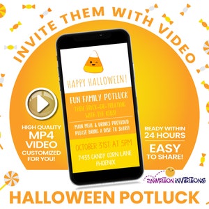 以下が含まれることがあります： スマートフォンには、ハロウィーンのポットラックへの招待状が表示され、トウモロコシのキャンディーのグラフィックが描かれています。 招待状には、トリックオアトリートを含む楽しい家族向けイベントの詳細と、「ビデオで招待」というテキストが含まれています。 デザインはオレンジと白です。