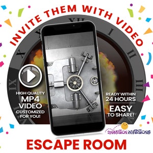 Escape Room Birthday Video Invitation. Girl or Boy Escape Game Party Invite for Spy or Bank Heist theme with 3D Vault – The Clock is Ticking