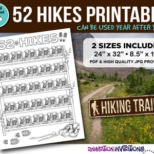 52 Hikes Printable Digital Files | 52 Hikes Challenge | Hiking Challenge Digital Poster | Outdoor Hiking Tracker | Instant Digital Download