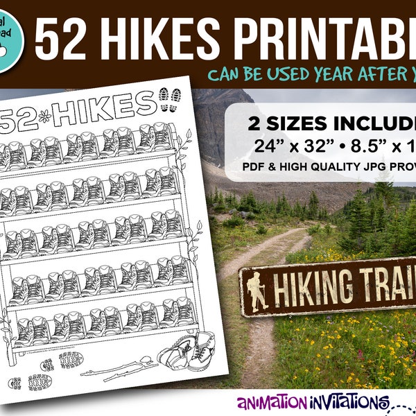 52 Hikes Printable Digital Files | 52 Hikes Challenge | Hiking Challenge Digital Poster | Outdoor Hiking Tracker | Instant Digital Download