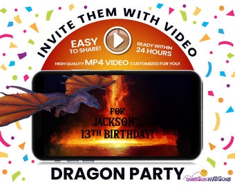 Convite em vídeo de aniversário de dragão. Animação realista de dragão cuspidor de fogo + efeitos de plasma. Convite em vídeo MP4 personalizado para festa de fantasia.