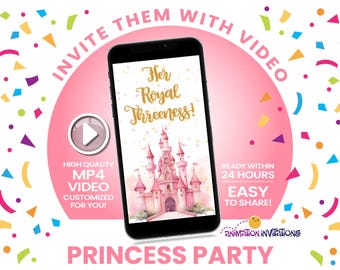 Convite em vídeo para festa na piscina da princesa • Aniversário na piscina real rosa e dourado • Convite digital MP4 com varinha mágica + castelo • Fácil de enviar e compartilhar